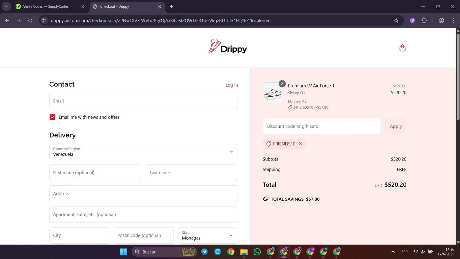 Drippy discount code screenshot showing code FRIENDS10 applied at Drippy checkout page. Uploaded by SimplyCodes community member Puppet on Jun 17, 2025