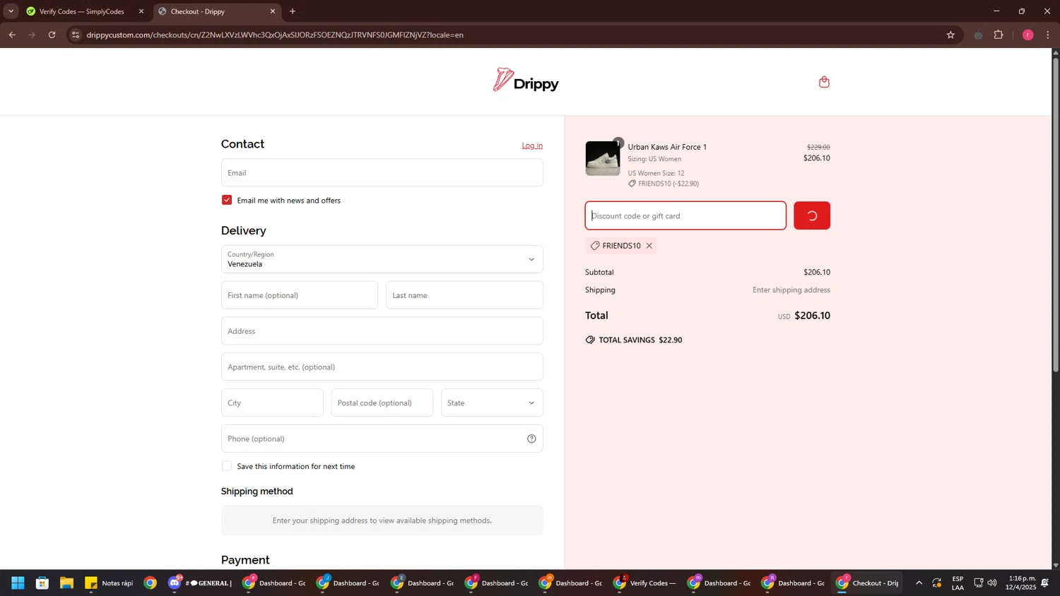 Drippy discount code screenshot showing code FRIENDS10 applied at Drippy checkout page. Uploaded by SimplyCodes community member CouponSage7331 on Apr 12, 2025