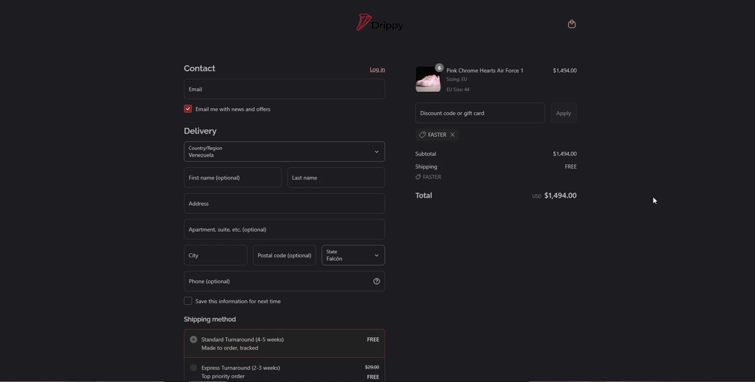 Drippy discount code screenshot showing code FASTER applied at Drippy checkout page. Uploaded by SimplyCodes community member Doomslayer on Aug 25, 2025
