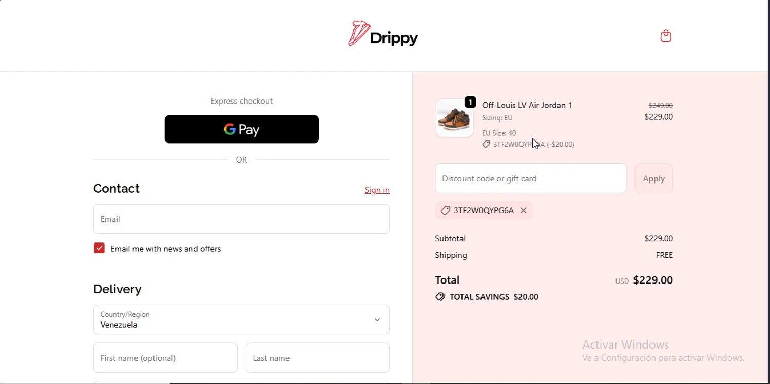Drippy discount code screenshot showing code 3TF2W0QYPG6A applied at Drippy checkout page. Uploaded by SimplyCodes community member RebateSpotter2821 on Dec 1, 2025