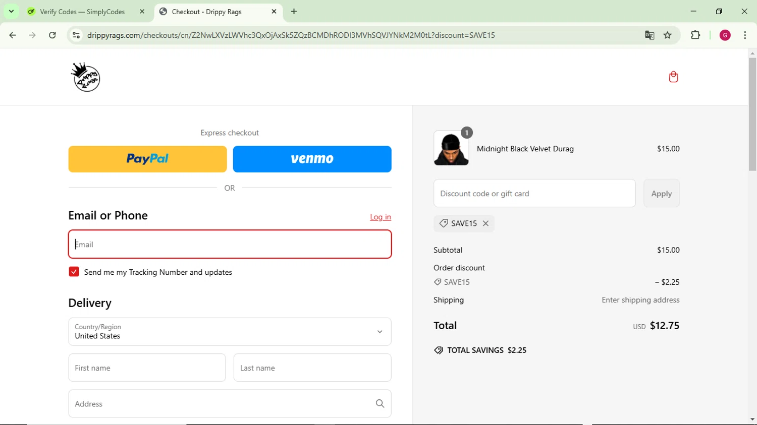 Drippy Rags discount code screenshot showing code SAVE15 applied at Drippy Rags checkout page. Uploaded by SimplyCodes community member CrownFinder3074 on Mar 9, 2025