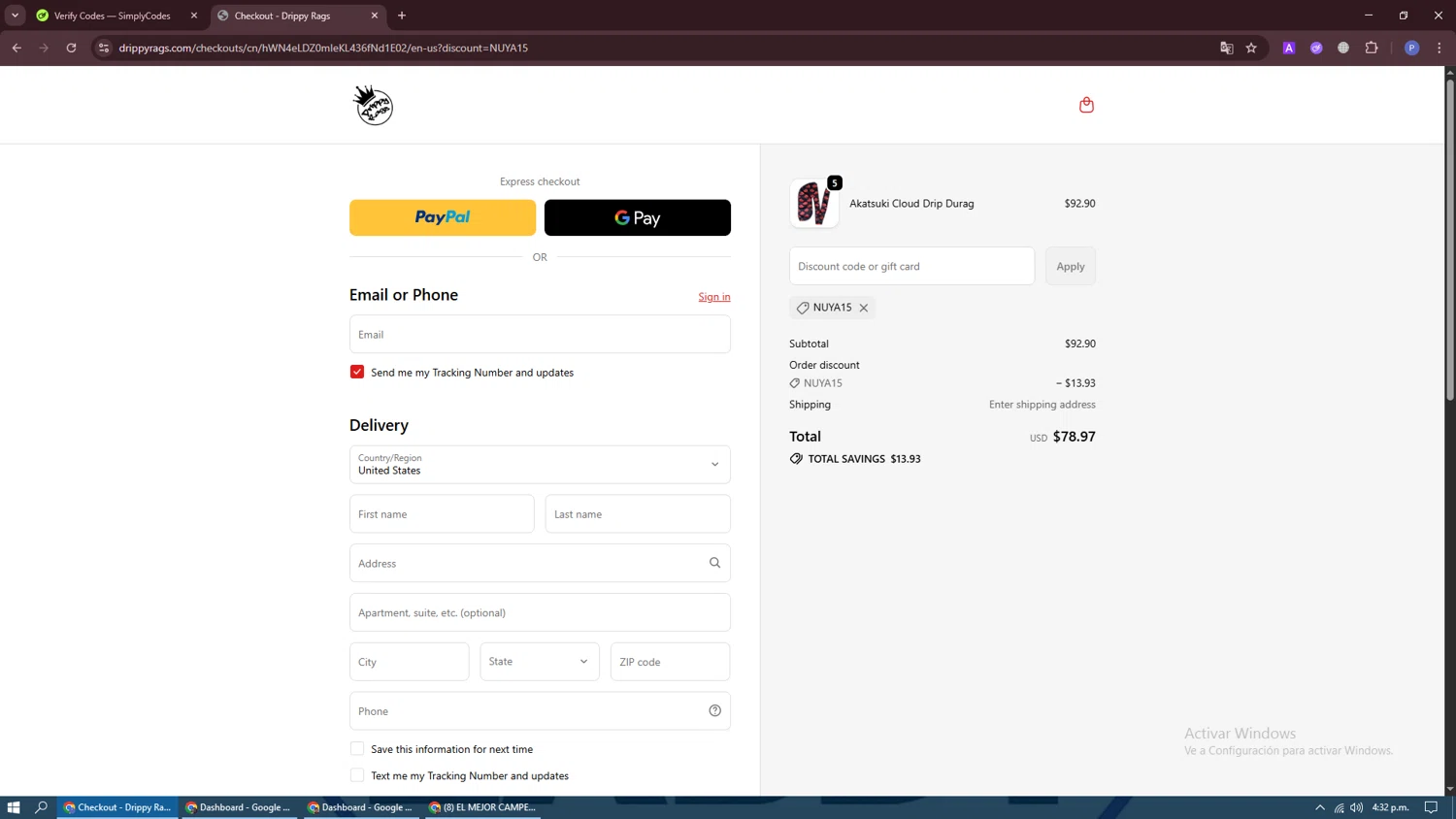 Drippy Rags discount code screenshot showing code NUYA15 applied at Drippy Rags checkout page. Uploaded by SimplyCodes community member Darknigth31 on Oct 28, 2025