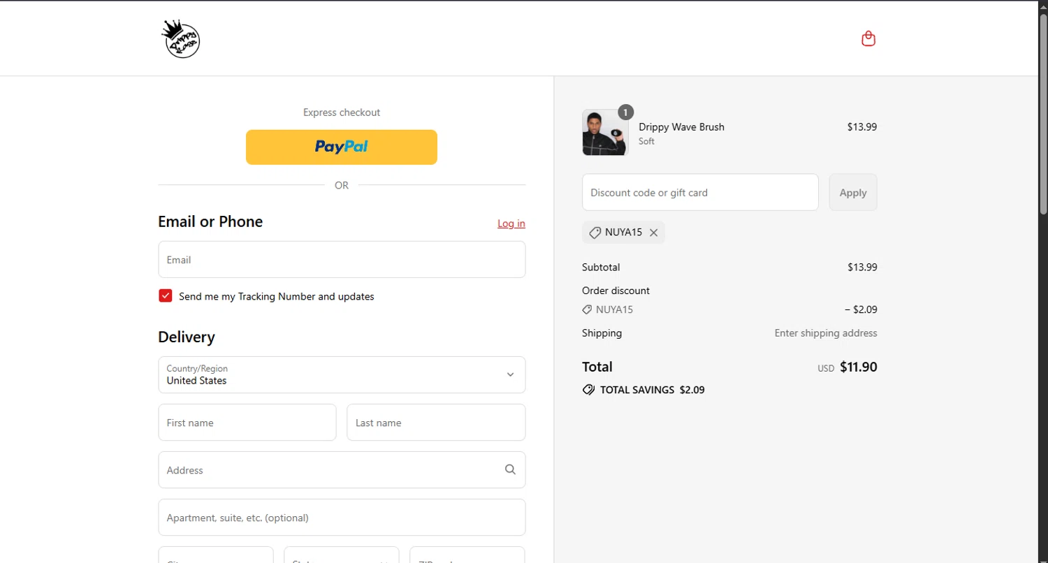 Drippy Rags discount code screenshot showing code NUYA15 applied at Drippy Rags checkout page. Uploaded by SimplyCodes community member WoskalRevenge on Aug 23, 2025
