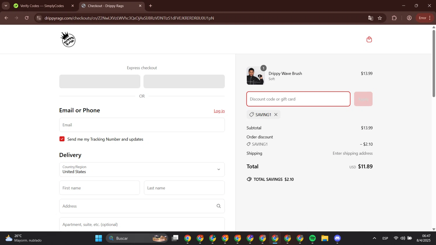 Drippy Rags discount code screenshot showing code SAVING1 applied at Drippy Rags checkout page. Uploaded by SimplyCodes community member alejandrobermudez on Apr 8, 2025