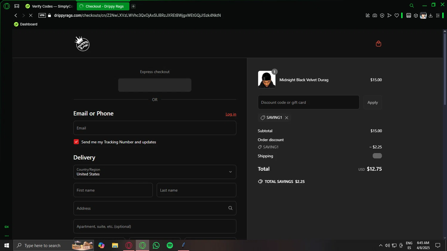 Drippy Rags discount code screenshot showing code SAVING1 applied at Drippy Rags checkout page. Uploaded by SimplyCodes community member protah on Apr 8, 2025