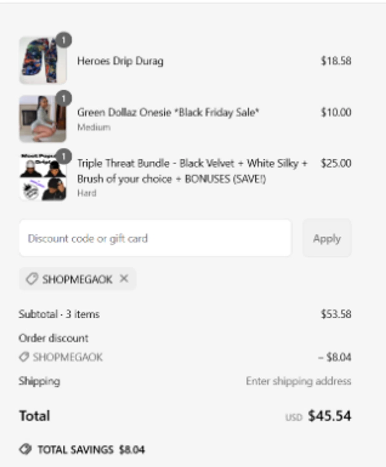 Drippy Rags discount code screenshot showing code shopmegaok applied at Drippy Rags checkout page. Uploaded by SimplyCodes community member SwiftSaver6197 on Jun 12, 2025