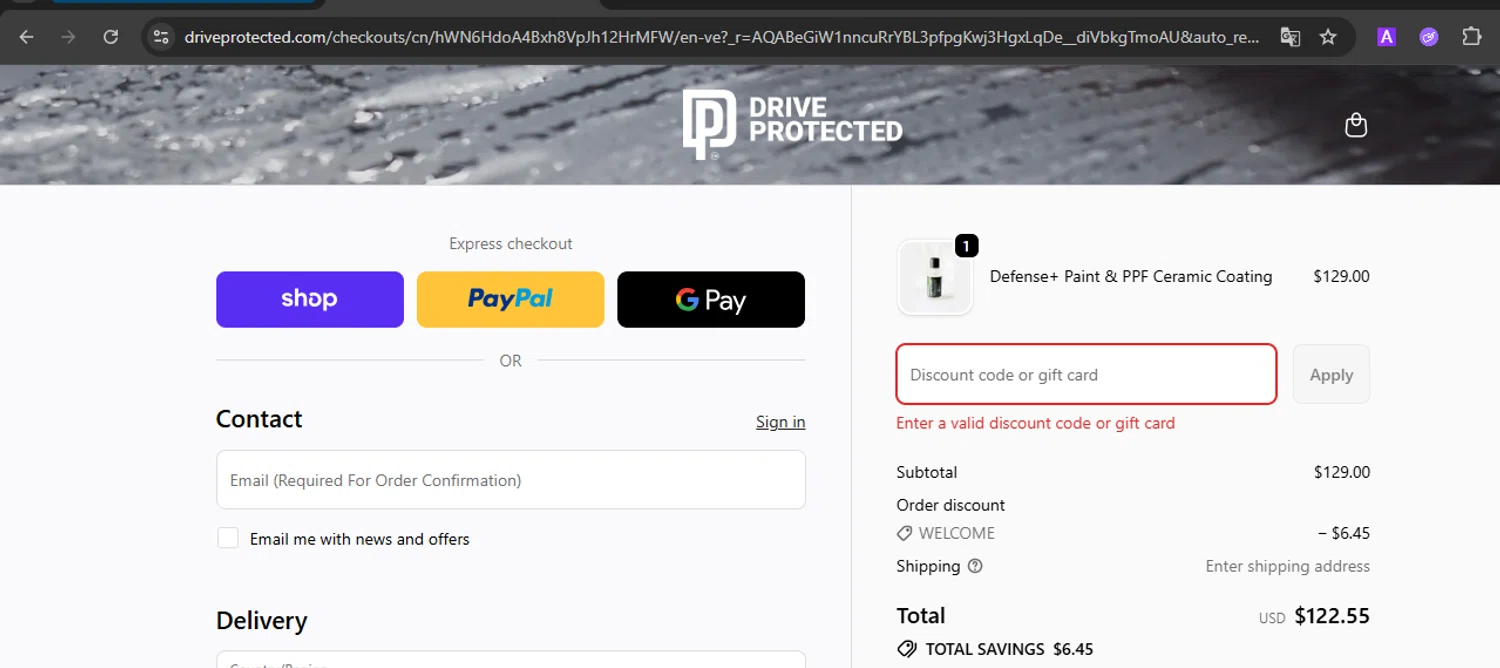 Drive Protected promo code screenshot showing code SAVE20 applied at Drive Protected checkout page. Uploaded by SimplyCodes community member CrownTiger7501 on Dec 10, 2025