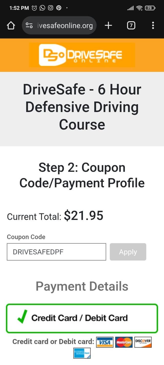 DriveSafe Online checkout page showing DriveSafe Online coupon code box | Screenshot taken by SimplyCodes community member on Jul 31, 2025