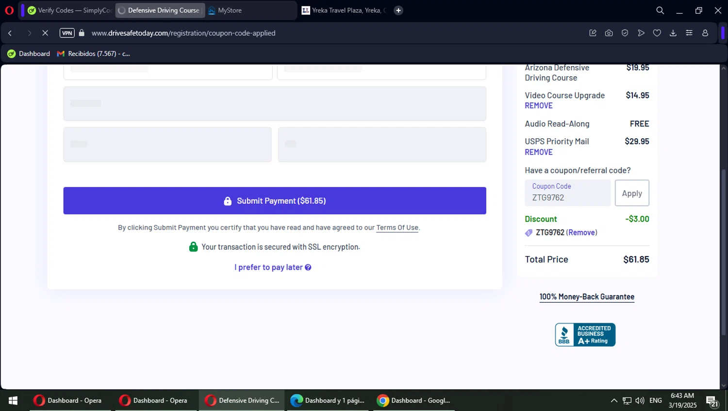 DriveSafeToday.com promo code screenshot showing code ZTG9762 applied at DriveSafeToday.com checkout page. Uploaded by SimplyCodes community member Typhlosion on Mar 19, 2025
