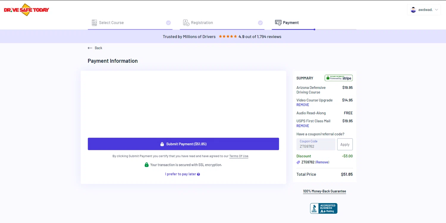 DriveSafeToday.com promo code screenshot showing code ZTG9762 applied at DriveSafeToday.com checkout page. Uploaded by SimplyCodes community member MoneyScout2554 on Feb 18, 2025