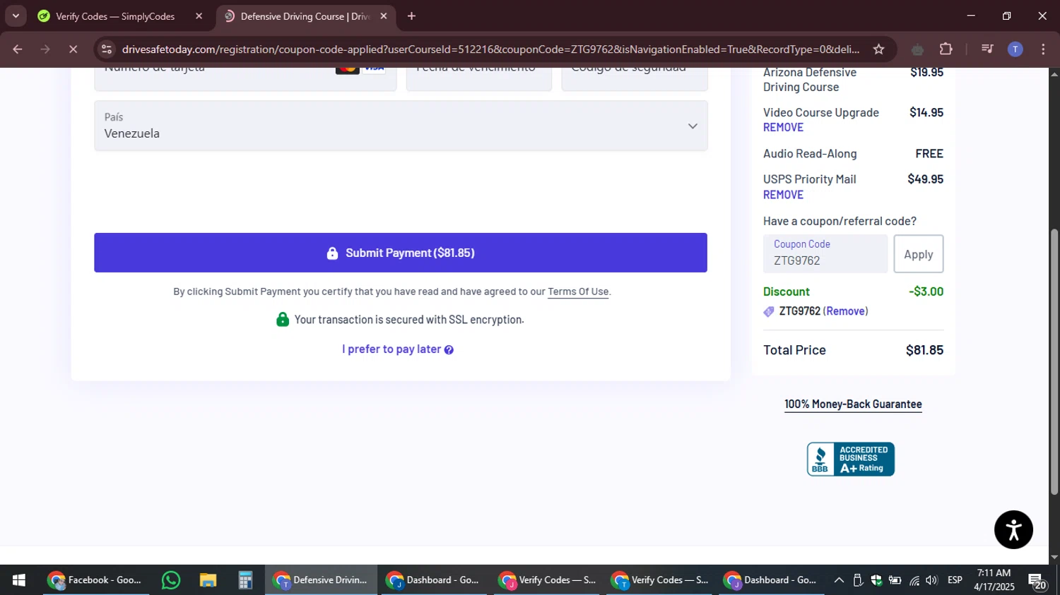 DriveSafeToday.com promo code screenshot showing code ZTG9762 applied at DriveSafeToday.com checkout page. Uploaded by SimplyCodes community member snidertom8 on Apr 17, 2025