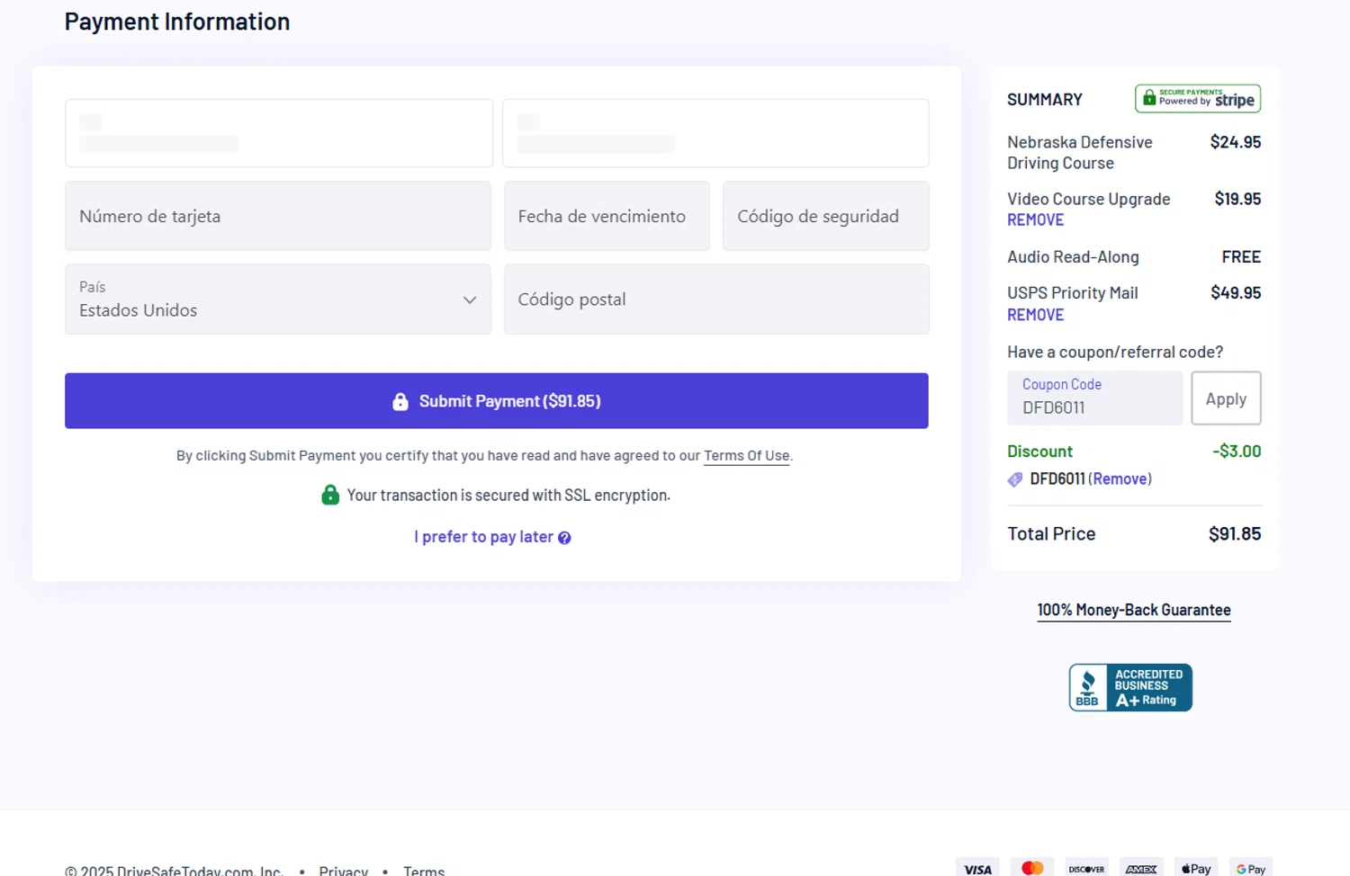 DriveSafeToday.com promo code screenshot showing code DFD6011 applied at DriveSafeToday.com checkout page. Uploaded by SimplyCodes community member WonderSaver8569 on Nov 9, 2025