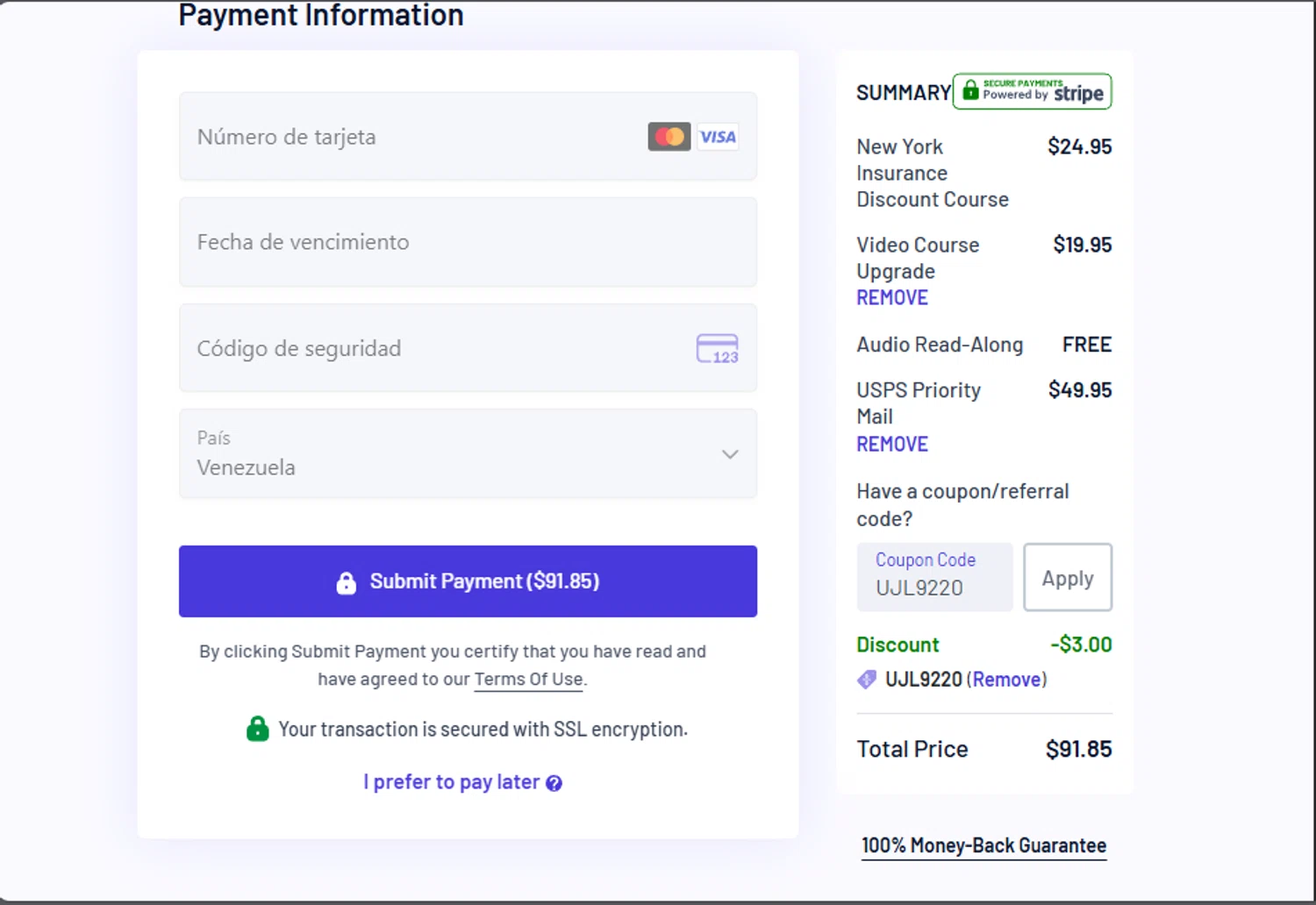 DriveSafeToday.com promo code screenshot showing code UJL9220 applied at DriveSafeToday.com checkout page. Uploaded by SimplyCodes community member jupitera on Sep 6, 2025
