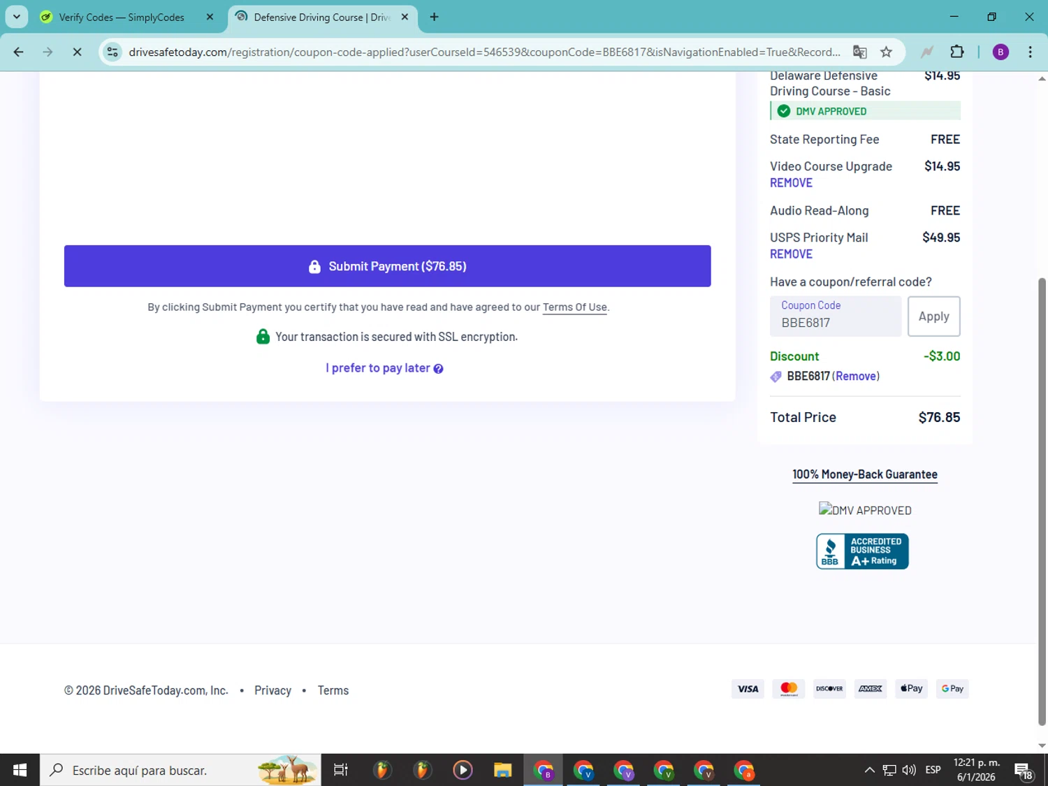 DriveSafeToday.com checkout page showing DriveSafeToday.com promo code box | Screenshot taken by SimplyCodes community member on Jan 6, 2026