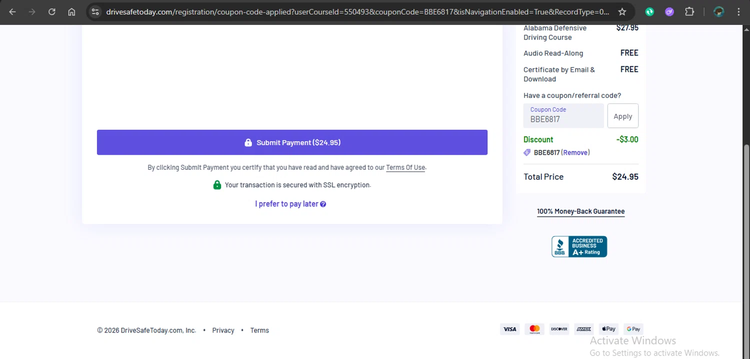 DriveSafeToday.com checkout page showing DriveSafeToday.com promo code box | Screenshot taken by SimplyCodes community member on Feb 4, 2026