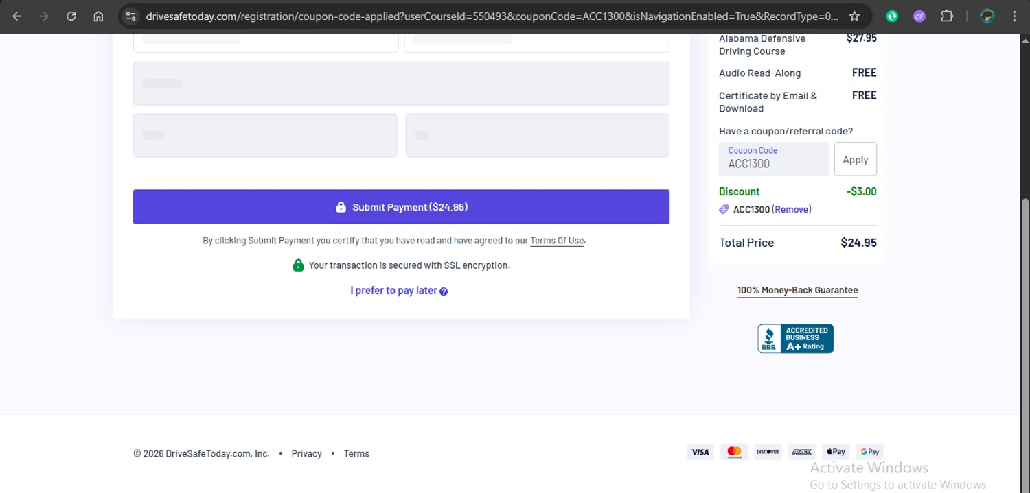 DriveSafeToday.com checkout page showing DriveSafeToday.com promo code box | Screenshot taken by SimplyCodes community member on Feb 4, 2026