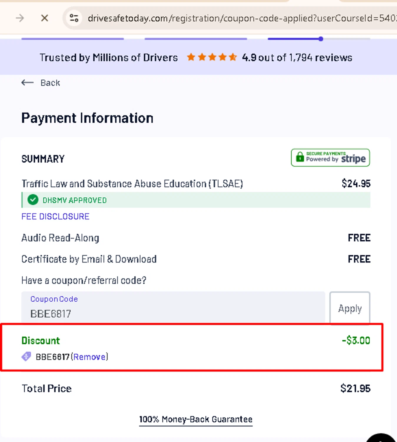 DriveSafeToday.com promo code screenshot showing code ACC1300 applied at DriveSafeToday.com checkout page. Uploaded by SimplyCodes community member AMANDA2681 on Nov 8, 2025