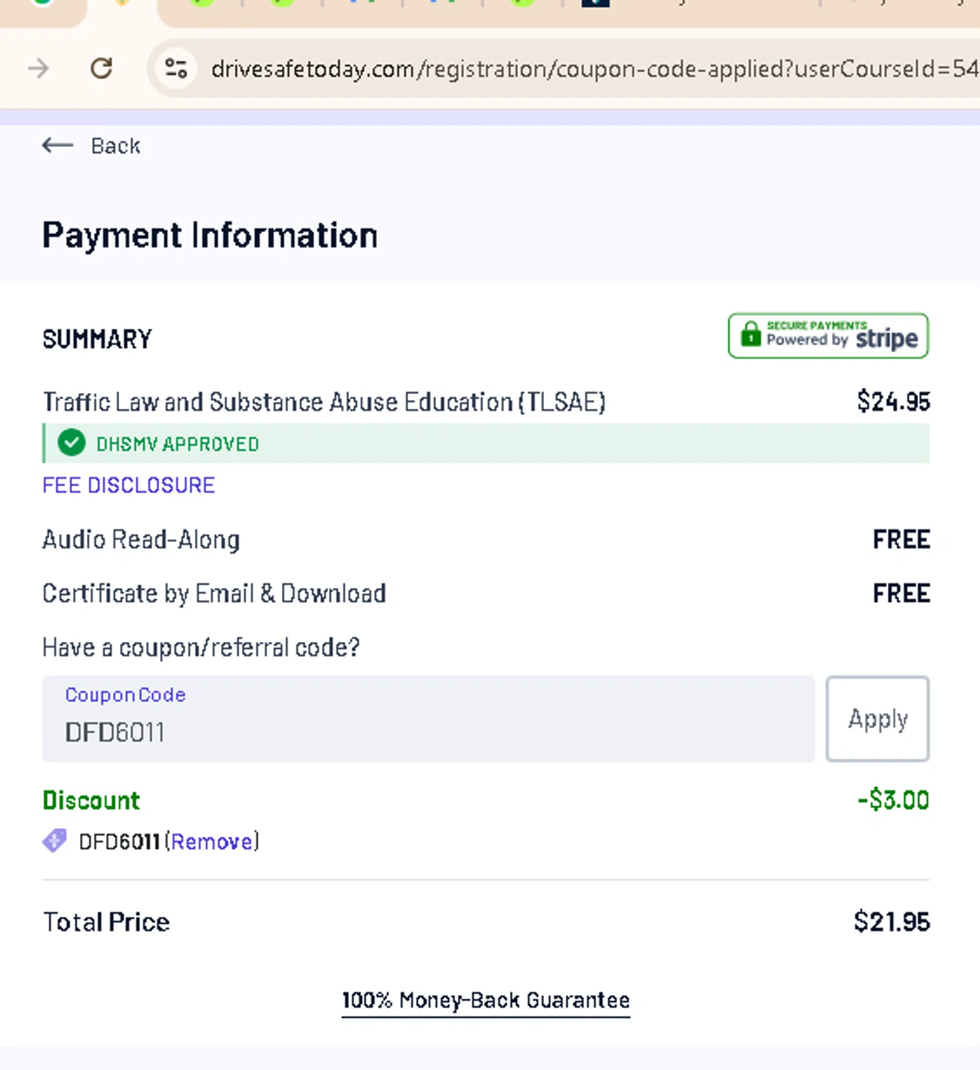 DriveSafeToday.com promo code screenshot showing code DFD6011 applied at DriveSafeToday.com checkout page. Uploaded by SimplyCodes community member AMANDA2681 on Nov 9, 2025