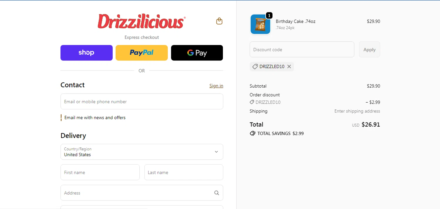 Drizzilicious promo code screenshot showing code DRIZZLED10 applied at Drizzilicious checkout page. Uploaded by SimplyCodes community member HUNTER1406 on Jun 15, 2026