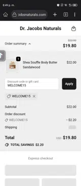 WELCOME15 coupon verification screenshot