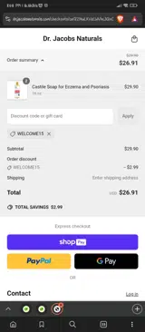 WELCOME15 coupon verification screenshot