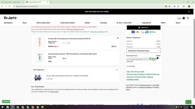 Dr. Jart+ checkout page showing Dr. Jart+ promo code box | Screenshot taken by SimplyCodes community member on Sep 8, 2025