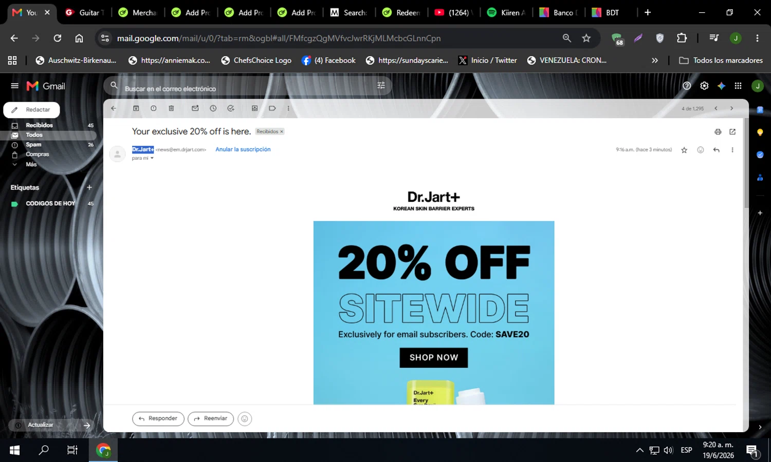 Dr. Jart+ promo code screenshot showing code SAVE20 applied at Dr. Jart+ checkout page. Uploaded by SimplyCodes community member Codehunter on Jun 19, 2026