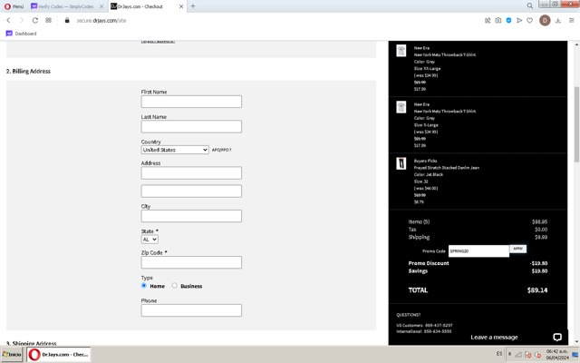 DrJays checkout page showing DrJays promo code box | Screenshot taken by SimplyCodes community member on Apr 6, 2024