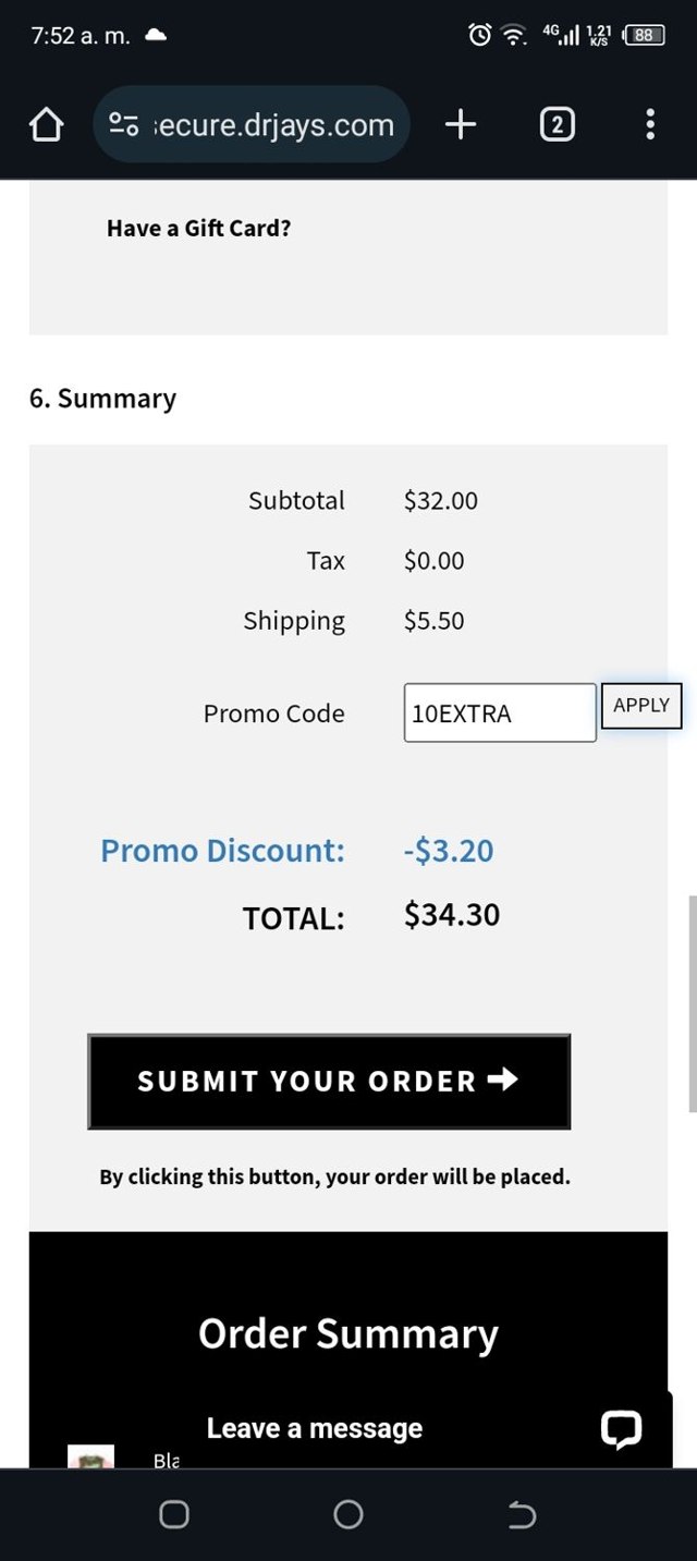 DrJays checkout page showing DrJays promo code box | Screenshot taken by SimplyCodes community member on Mar 18, 2024