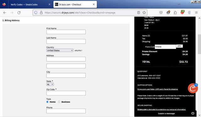 DrJays checkout page showing DrJays promo code box | Screenshot taken by SimplyCodes community member on Mar 1, 2024