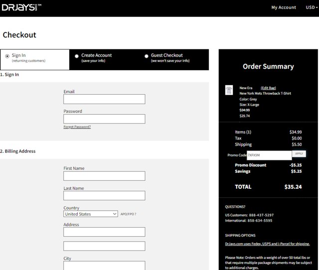 DrJays checkout page showing DrJays promo code box | Screenshot taken by SimplyCodes community member on Mar 1, 2024
