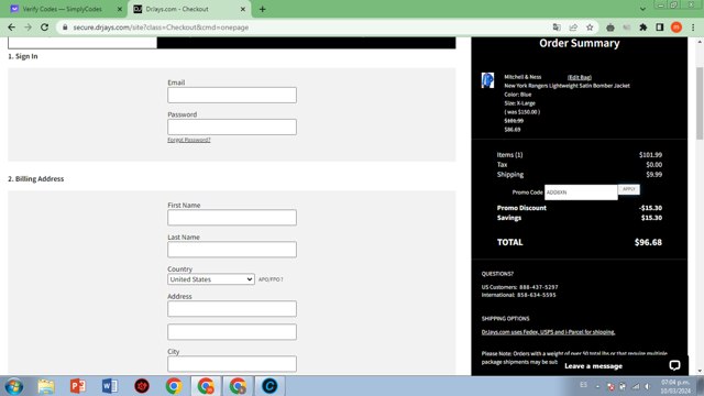 DrJays checkout page showing DrJays promo code box | Screenshot taken by SimplyCodes community member on Mar 10, 2024