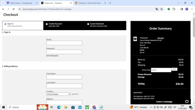 DrJays checkout page showing DrJays promo code box | Screenshot taken by SimplyCodes community member on Mar 27, 2024