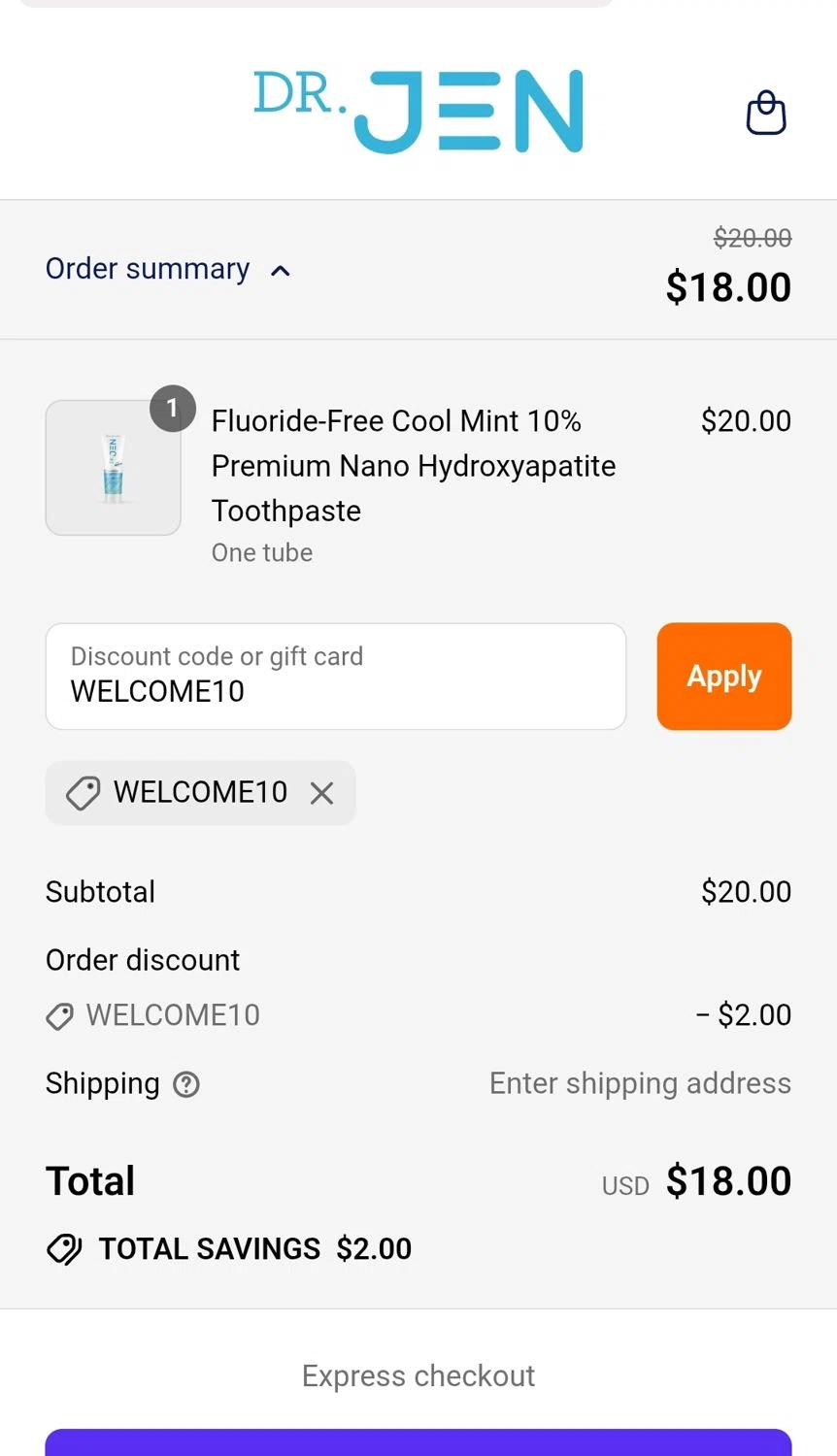 Dr. Jen Natural coupon code screenshot showing code WELCOME10 applied at Dr. Jen Natural checkout page. Uploaded by SimplyCodes community member JuanMonge on Jul 13, 2025