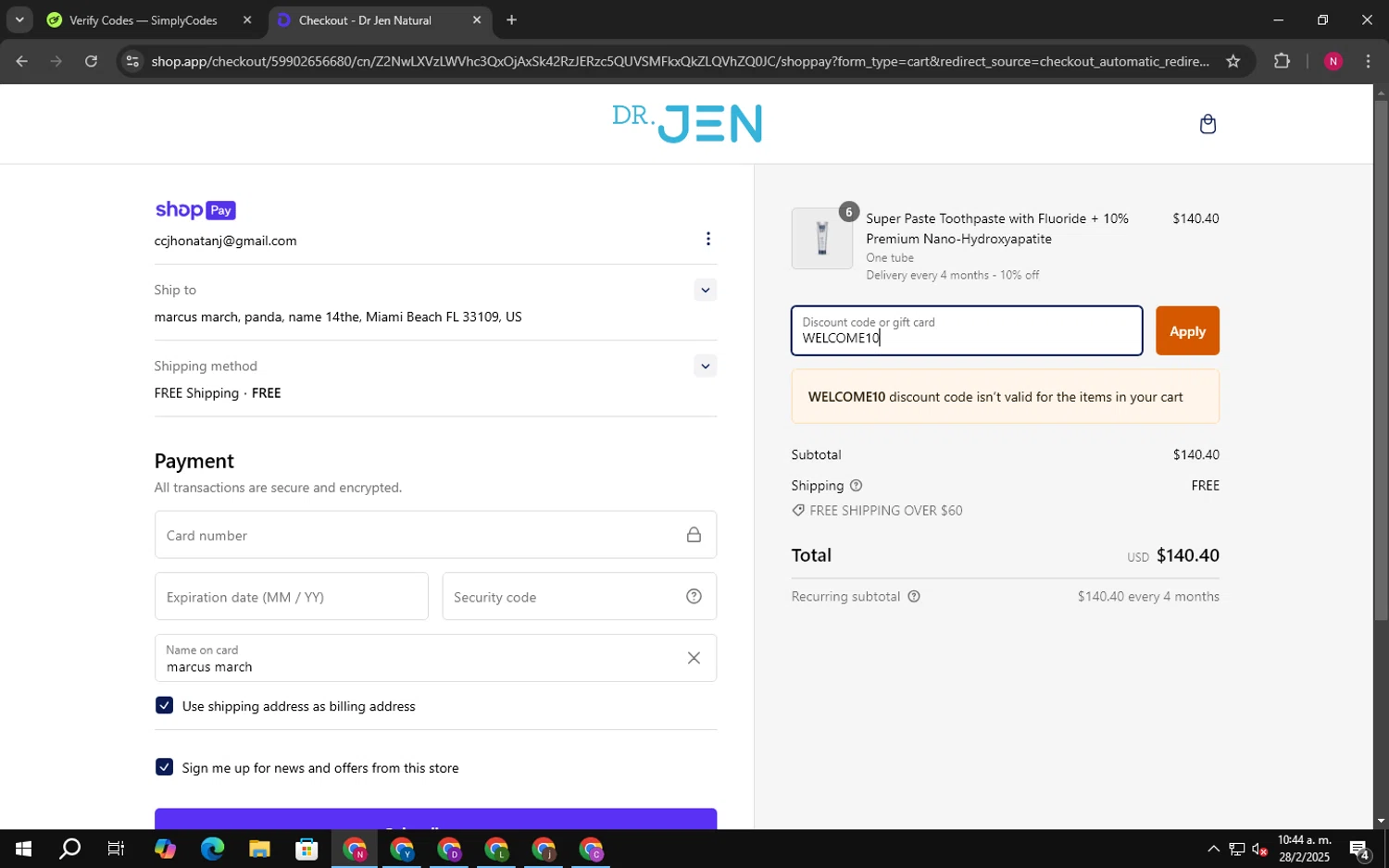 Dr. Jen Natural coupon code screenshot showing code WELCOME10 applied at Dr. Jen Natural checkout page. Uploaded by SimplyCodes community member CashDefender400 on Feb 28, 2025