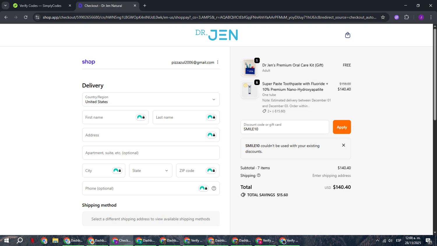 Dr. Jen Natural coupon code screenshot showing code SMILE10 applied at Dr. Jen Natural checkout page. Uploaded by SimplyCodes community member ComeBurra123 on Nov 28, 2025