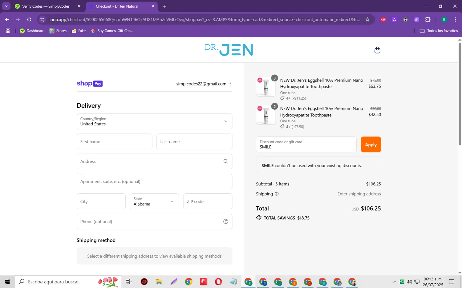 Dr. Jen Natural coupon code screenshot showing code SMILE applied at Dr. Jen Natural checkout page. Uploaded by SimplyCodes community member RebateScholar429 on Jul 26, 2025