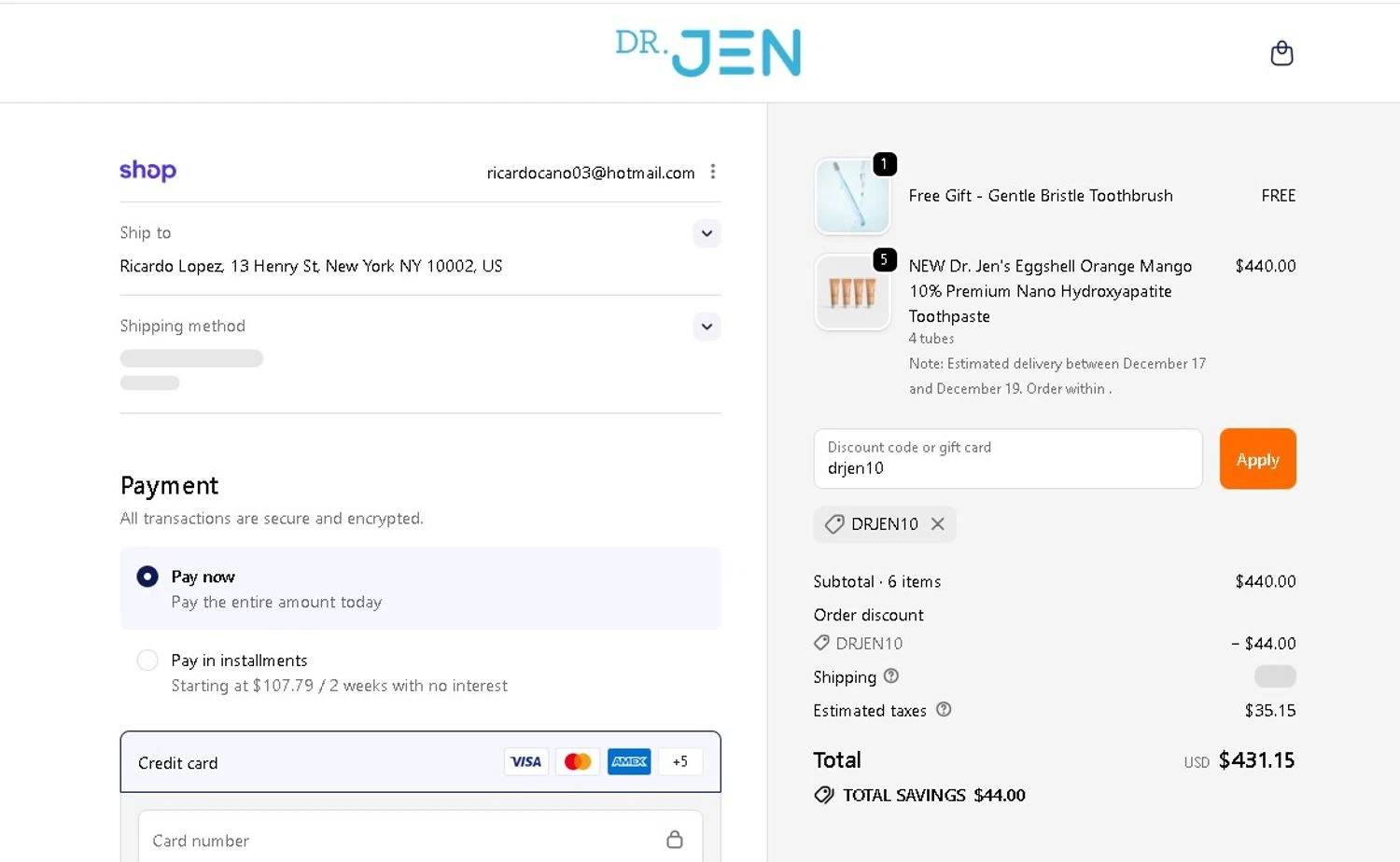 Dr. Jen Natural coupon code screenshot showing code drjen10 applied at Dr. Jen Natural checkout page. Uploaded by SimplyCodes community member LAMINEJAMAL on Dec 14, 2025