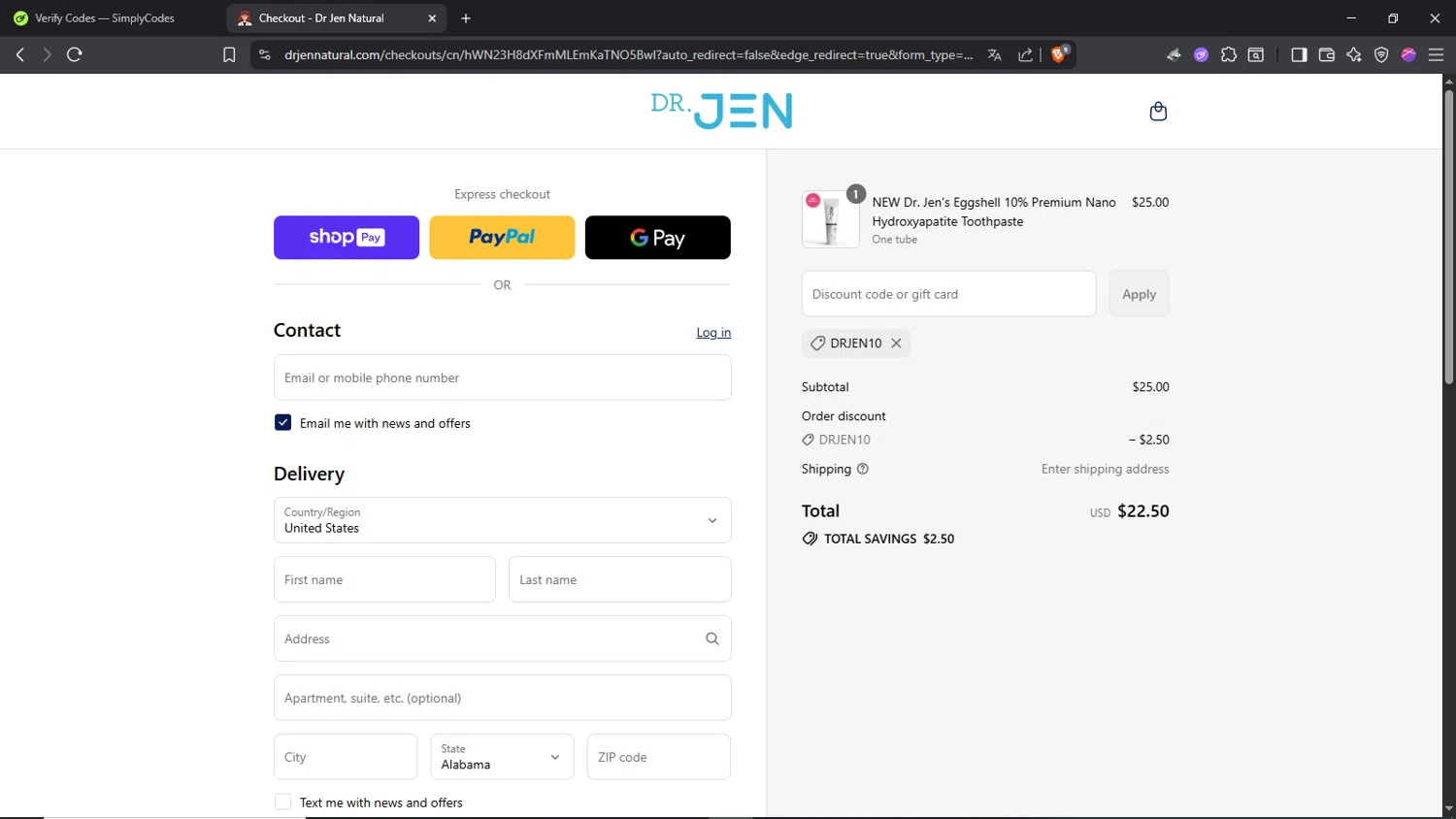 Dr. Jen Natural coupon code screenshot showing code drjen10 applied at Dr. Jen Natural checkout page. Uploaded by SimplyCodes community member Morrachida04 on Aug 21, 2025