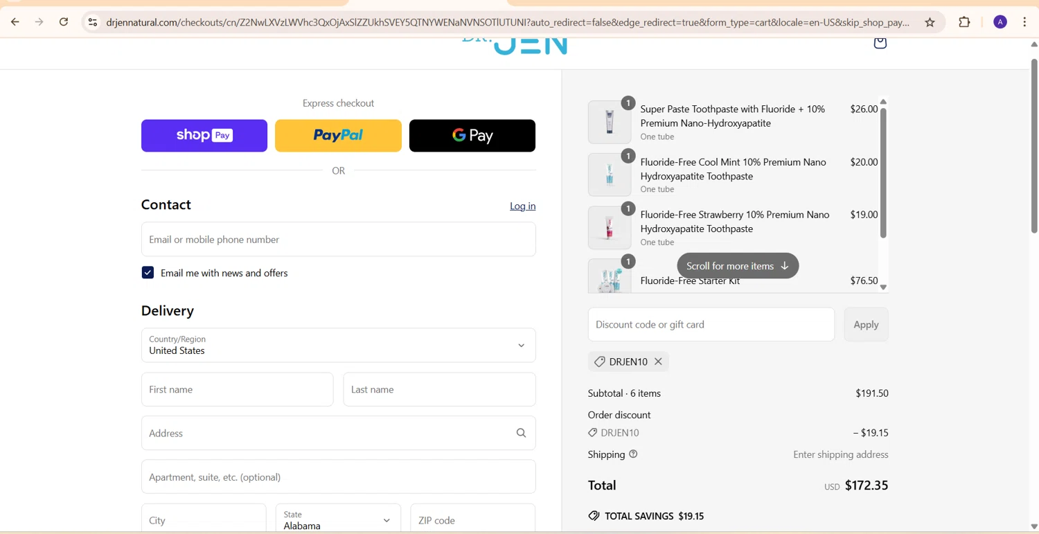 Dr. Jen Natural coupon code screenshot showing code drjen10 applied at Dr. Jen Natural checkout page. Uploaded by SimplyCodes community member PromoExpert5262 on May 23, 2025