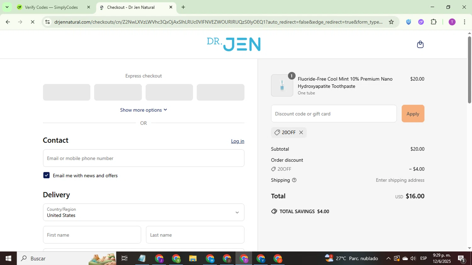 Dr. Jen Natural coupon code screenshot showing code 20off applied at Dr. Jen Natural checkout page. Uploaded by SimplyCodes community member ThriftyCurator4085 on Jun 13, 2025
