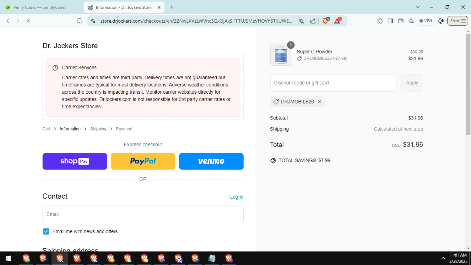 Dr. Jockers discount code screenshot showing code DRJMOBILE20 applied at Dr. Jockers checkout page. Uploaded by SimplyCodes community member Aguaita_coco on Mar 28, 2025