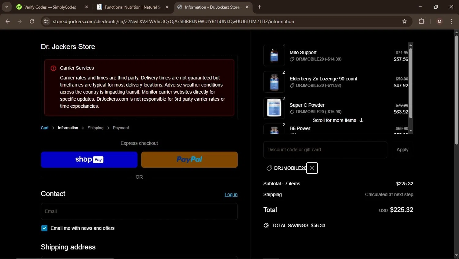 Dr. Jockers discount code screenshot showing code DRJMOBILE20 applied at Dr. Jockers checkout page. Uploaded by SimplyCodes community member MightyGuardian6645 on Mar 19, 2025