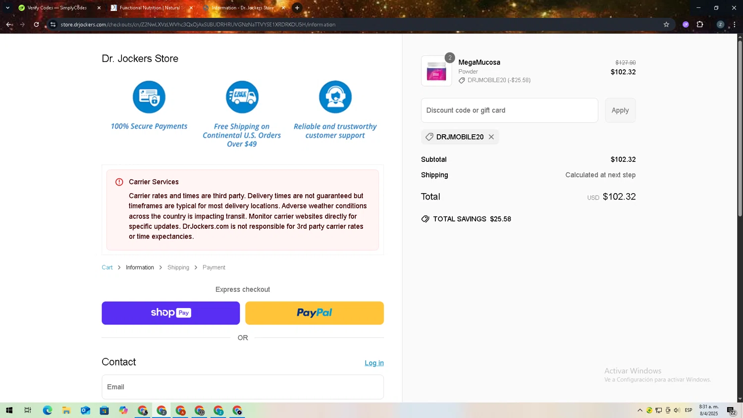 Dr. Jockers discount code screenshot showing code DRJMOBILE20 applied at Dr. Jockers checkout page. Uploaded by SimplyCodes community member zadquiel on Apr 8, 2025