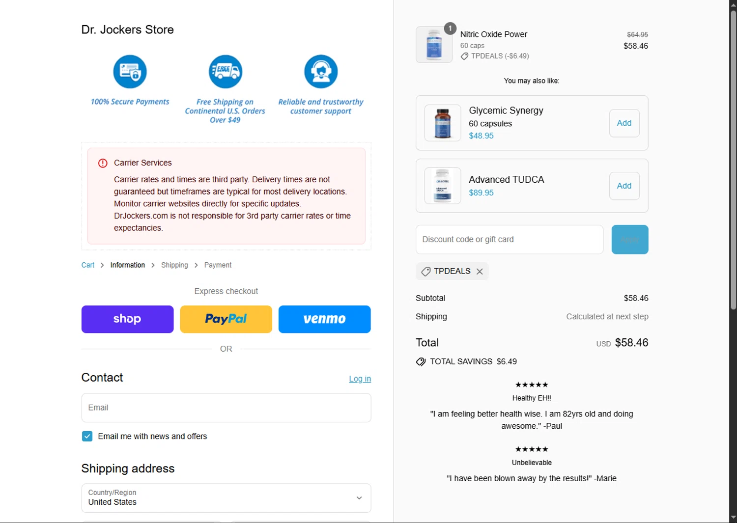 Dr. Jockers discount code screenshot showing code TPDEALS applied at Dr. Jockers checkout page. Uploaded by SimplyCodes community member VoucherFinder3467 on Sep 8, 2025