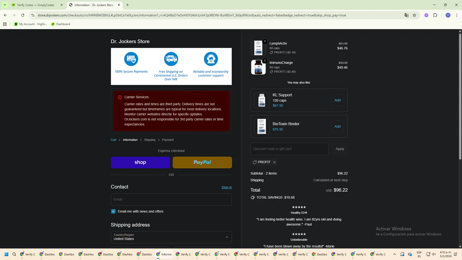Dr. Jockers checkout page showing Dr. Jockers discount code box | Screenshot taken by SimplyCodes community member on Feb 3, 2026
