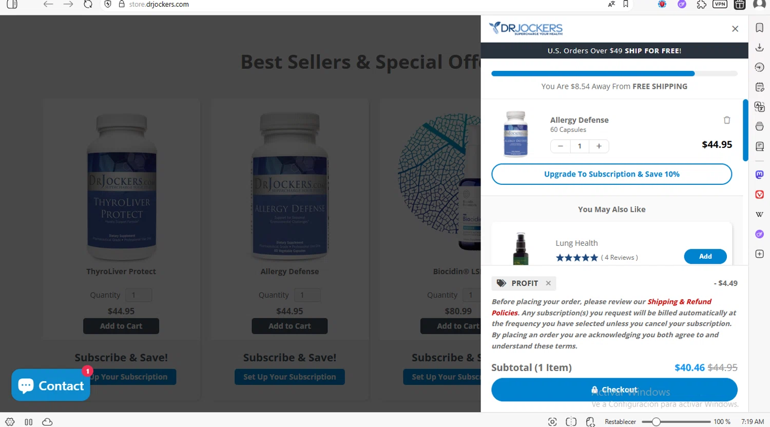 Dr. Jockers discount code screenshot showing code PROFIT applied at Dr. Jockers checkout page. Uploaded by SimplyCodes community member luissilva2 on Nov 8, 2025