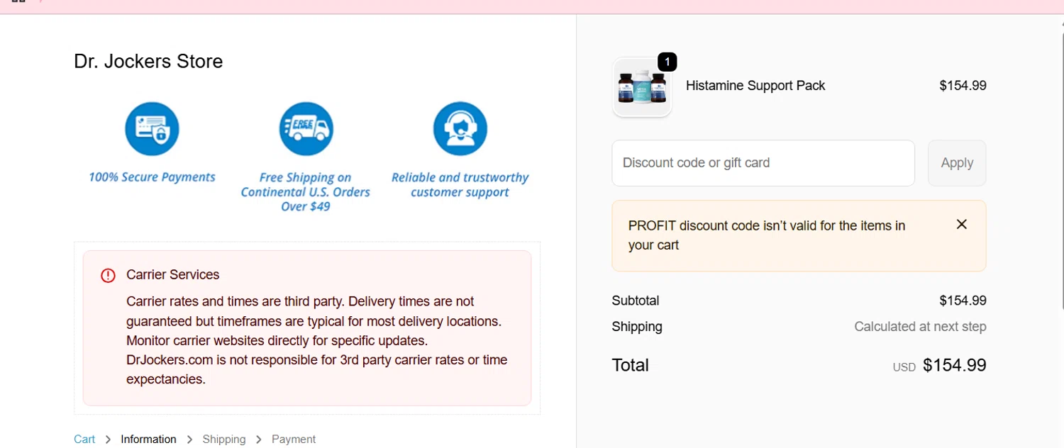 Dr. Jockers checkout page showing Dr. Jockers discount code box | Screenshot taken by SimplyCodes community member on Jan 5, 2026