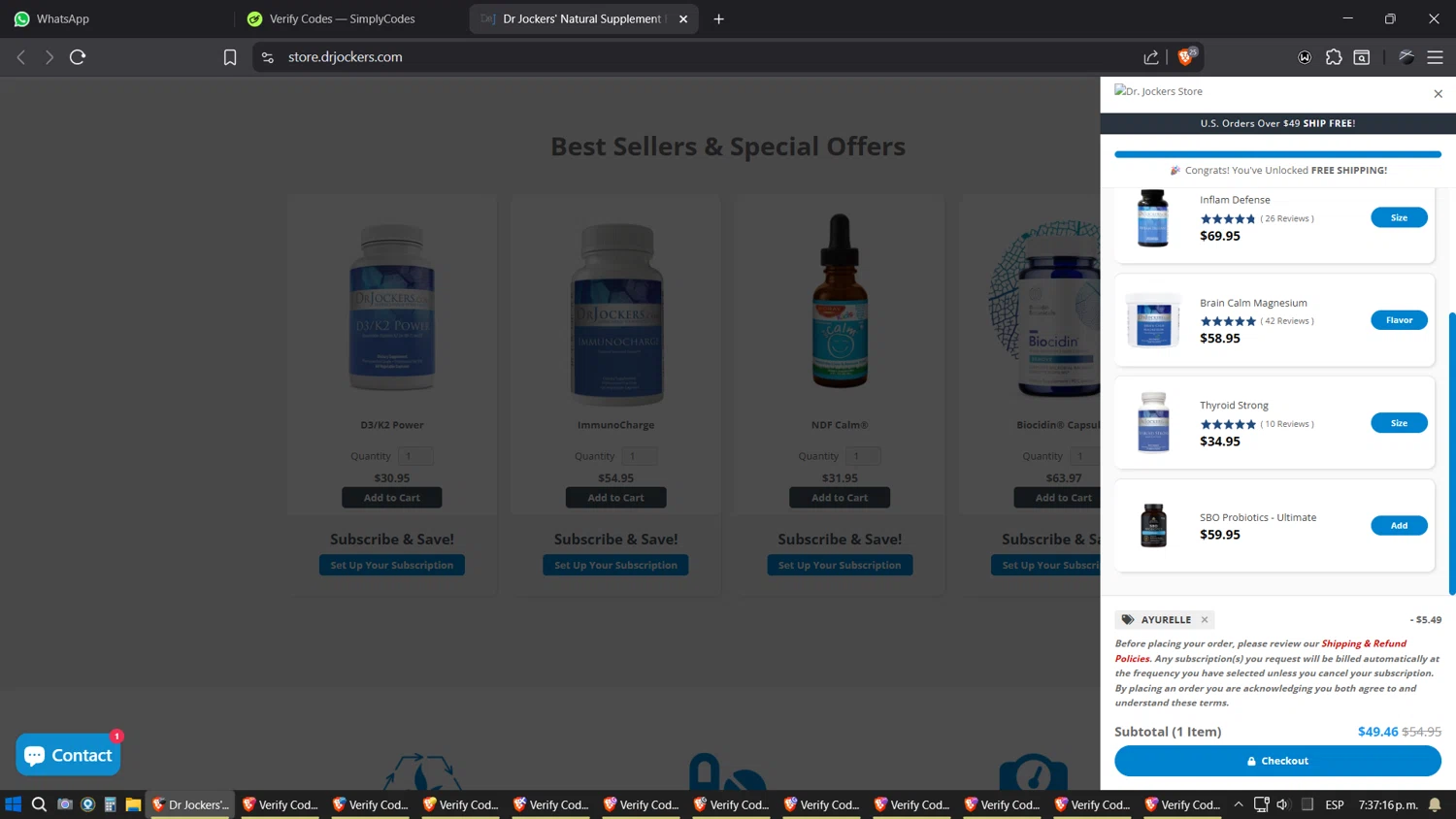 Dr. Jockers discount code screenshot showing code AYURELLE applied at Dr. Jockers checkout page. Uploaded by SimplyCodes community member SimplyGOAT on Oct 9, 2025