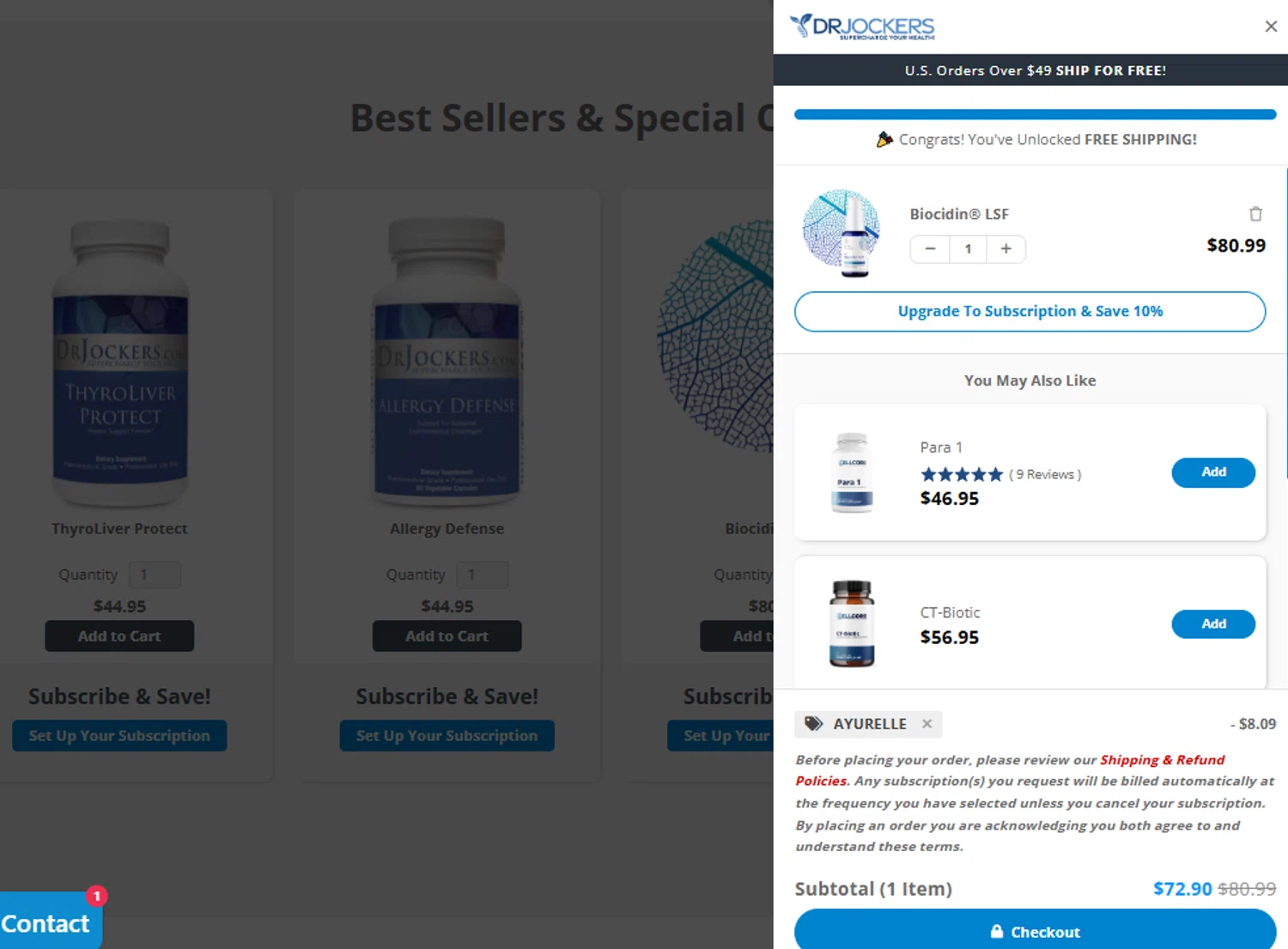 Dr. Jockers discount code screenshot showing code AYURELLE applied at Dr. Jockers checkout page. Uploaded by SimplyCodes community member Woskal on Nov 8, 2025